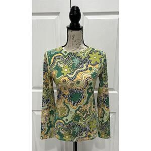 CELIA B Green Multi-color Smooth Stretch Nylon Blend Top Hippie Vibes Sze Large